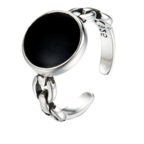 Minimalist Sterling Silver Black Circle Chain Ring - Picture 2 of 5